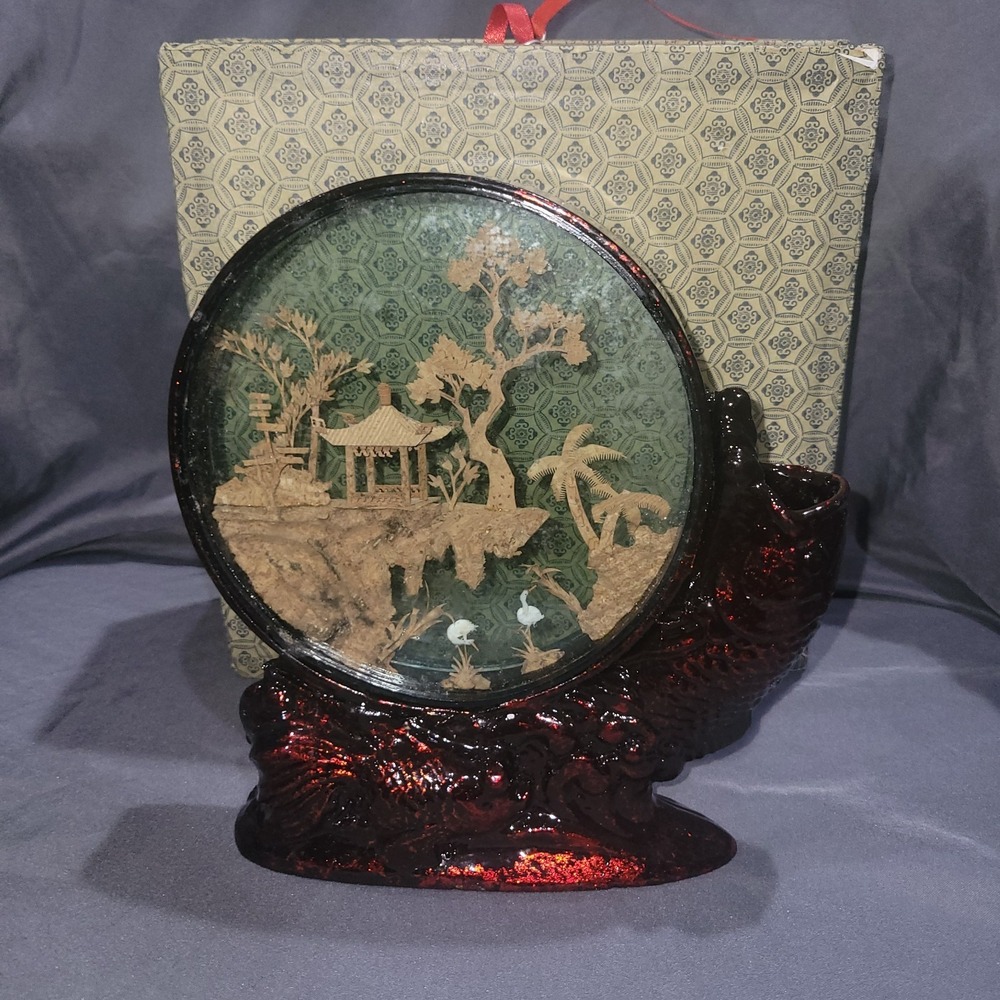 Vintage Asian Cork Carving Old Round Display beautiful Estate Find